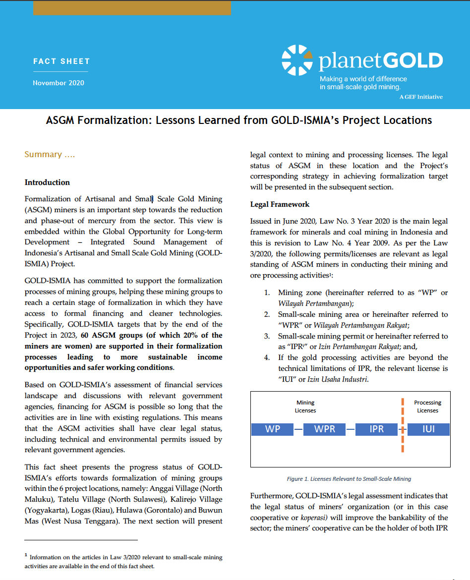 ASGM Formalization Lessons Learned from GOLD-ISMIA’s Project Locations