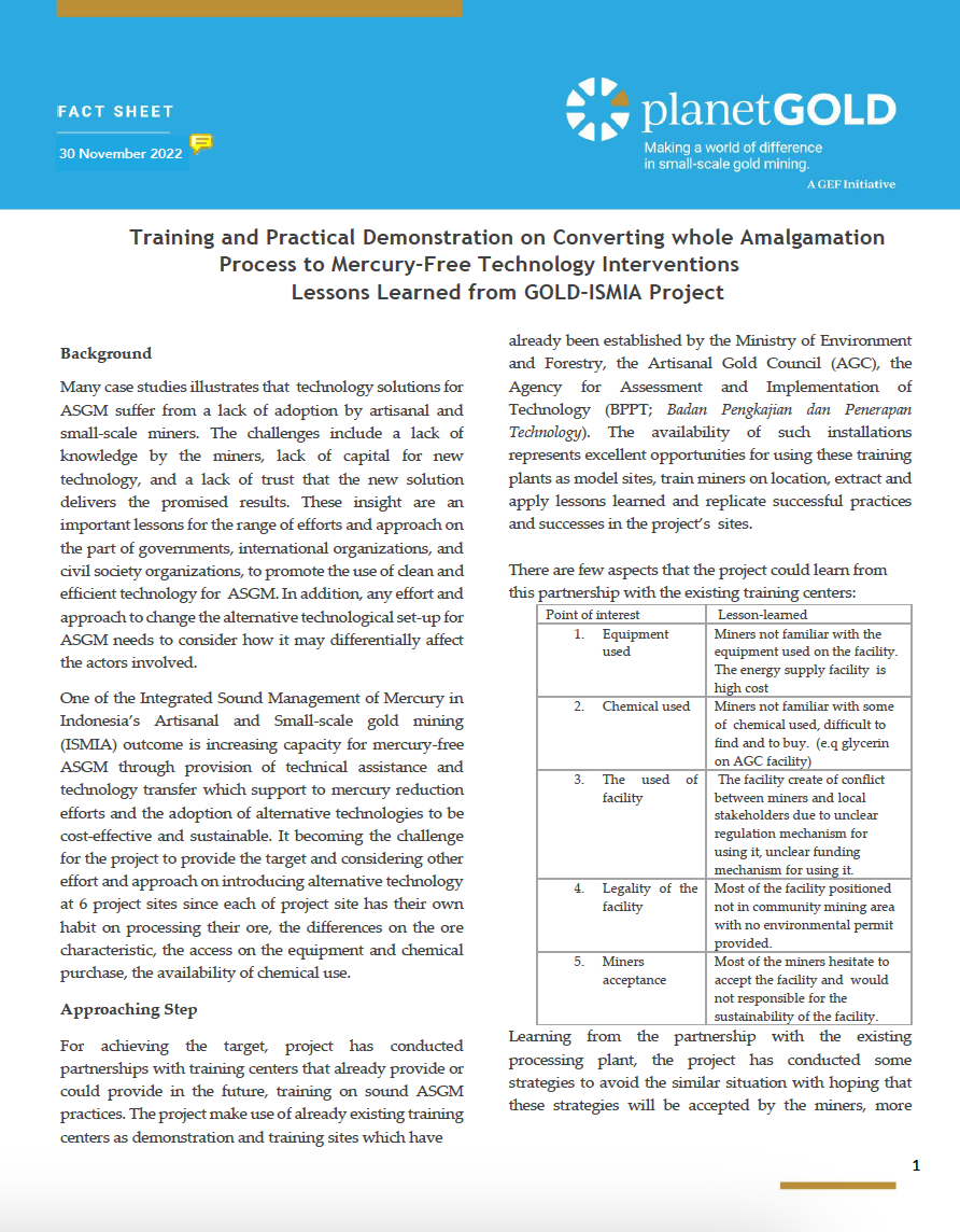 Training and Practical Demonstration on Converting whole Amalgamation Process to Mercury-Free Technology Interventions Lessons Learned from GOLD-ISMIA Project