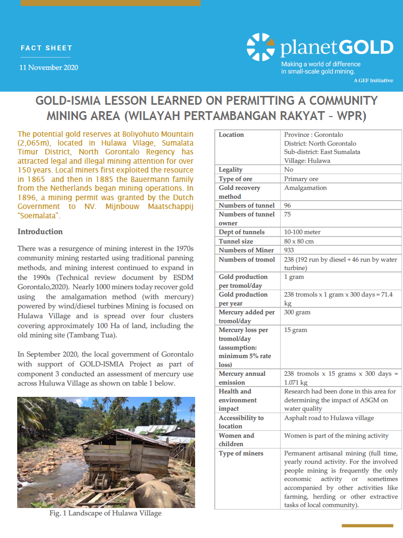 Fact Sheet : GOLD-ISMIA Lesson Learned on Permitting a Community Mining Area (Wilayah Pertambangan Rakyat-WPR)