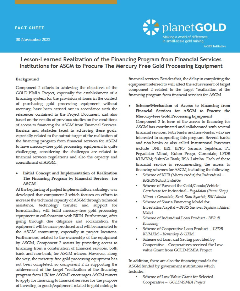 Lesson-Learned Reali􀁝ation of the Financing Program from Financial Services Institutions for ASGM to Procure The Mercur􀁜 Free Gold Processing Equipment