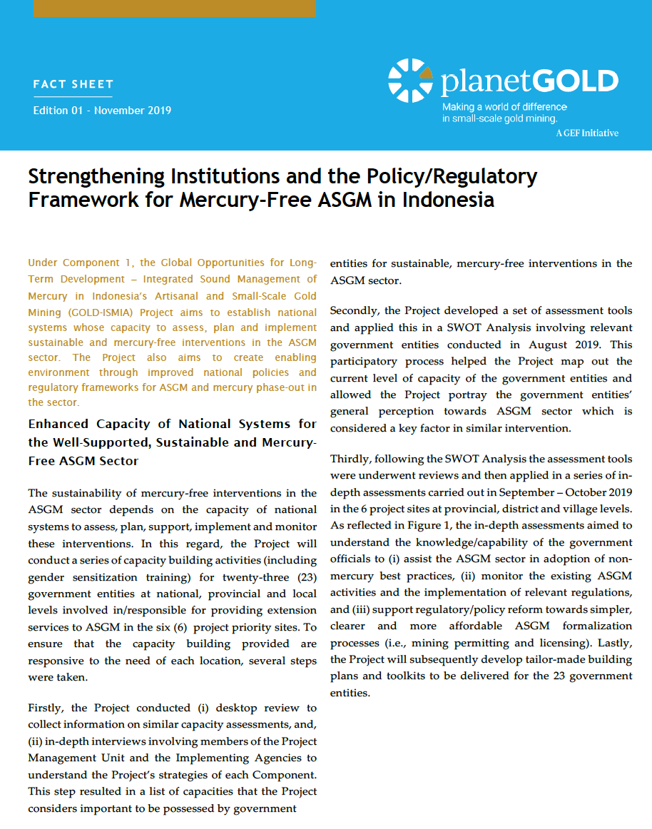 Strengthening Institutions and the Policy/Regulatory Framework for Mercury-Free ASGM in Indonesia