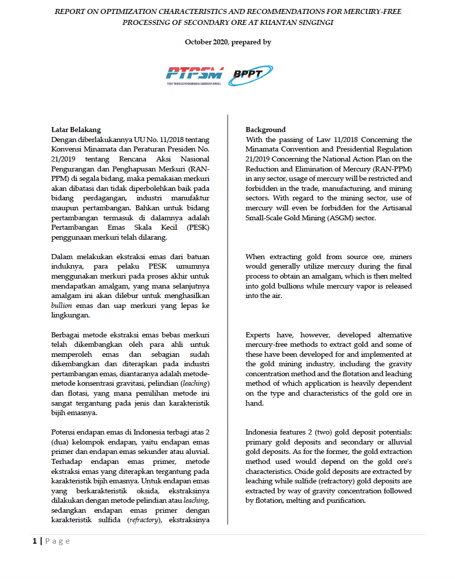 Report on Optimization Characteristics and Reccomendations for Mercury-free Processing of Secondary Ore at Kuantan Singingi