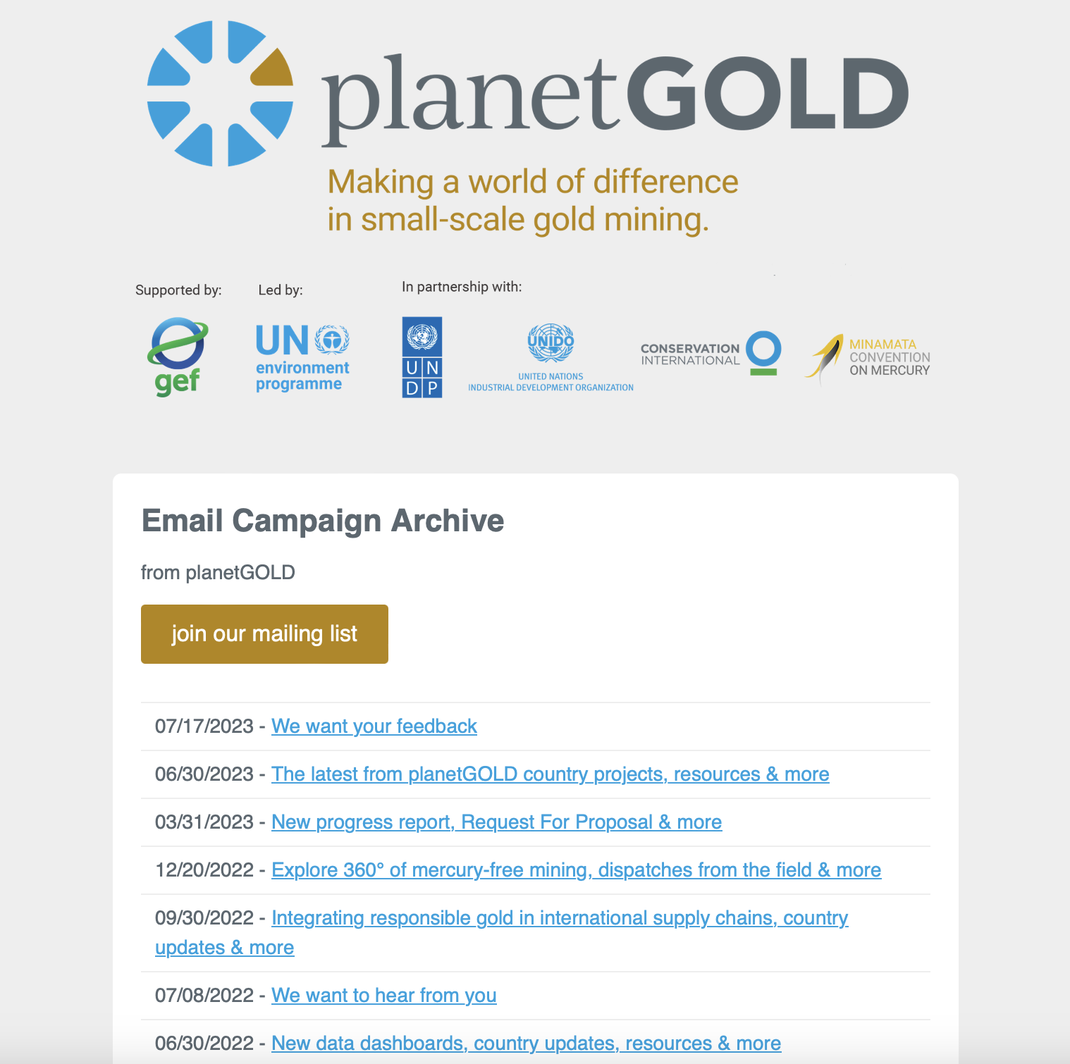 Webpage image of email newsletter archive