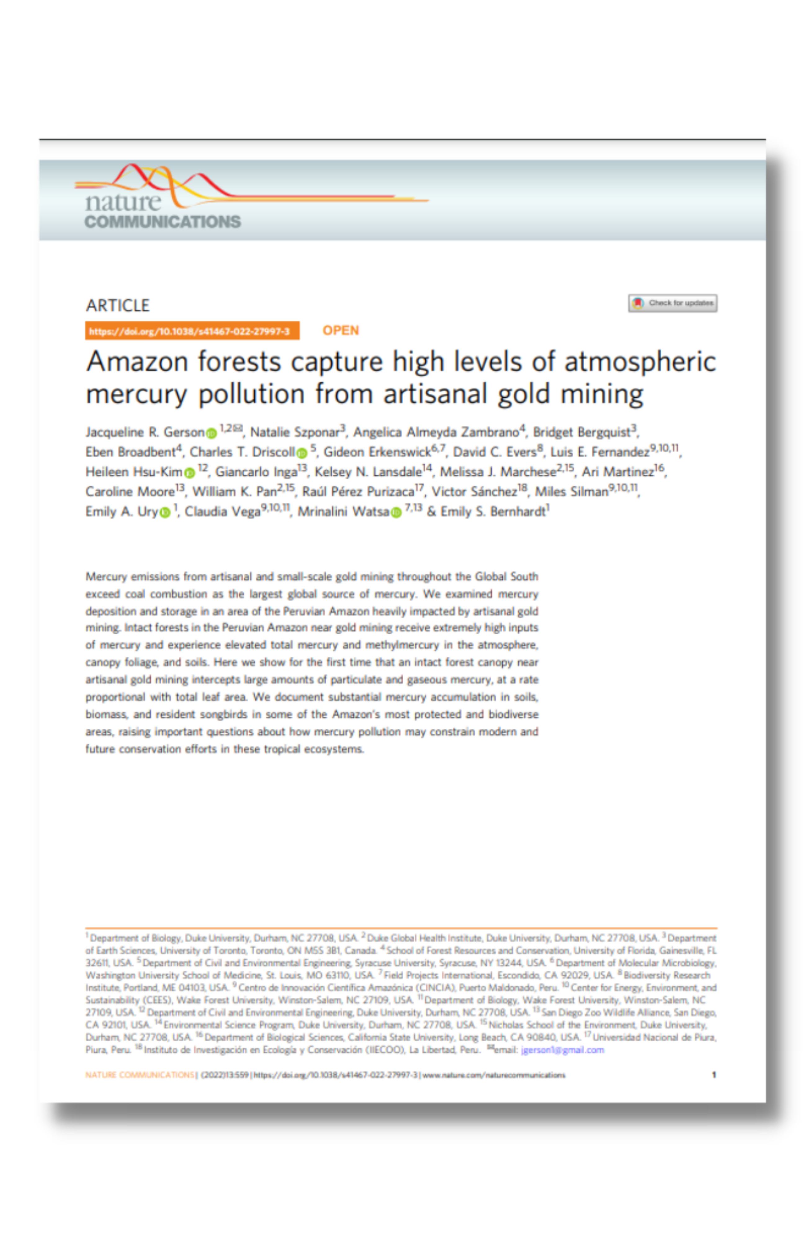 Amazon forests capture high levels of atmospheric mercury pollution from artisanal gold mining