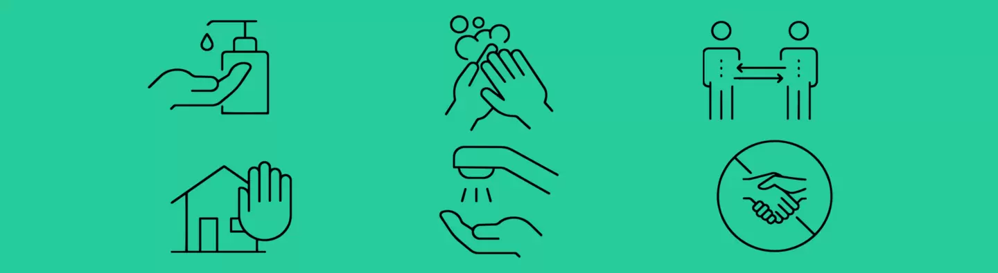 Icons of washing hands, sanitizing, staying home, keeping social distance