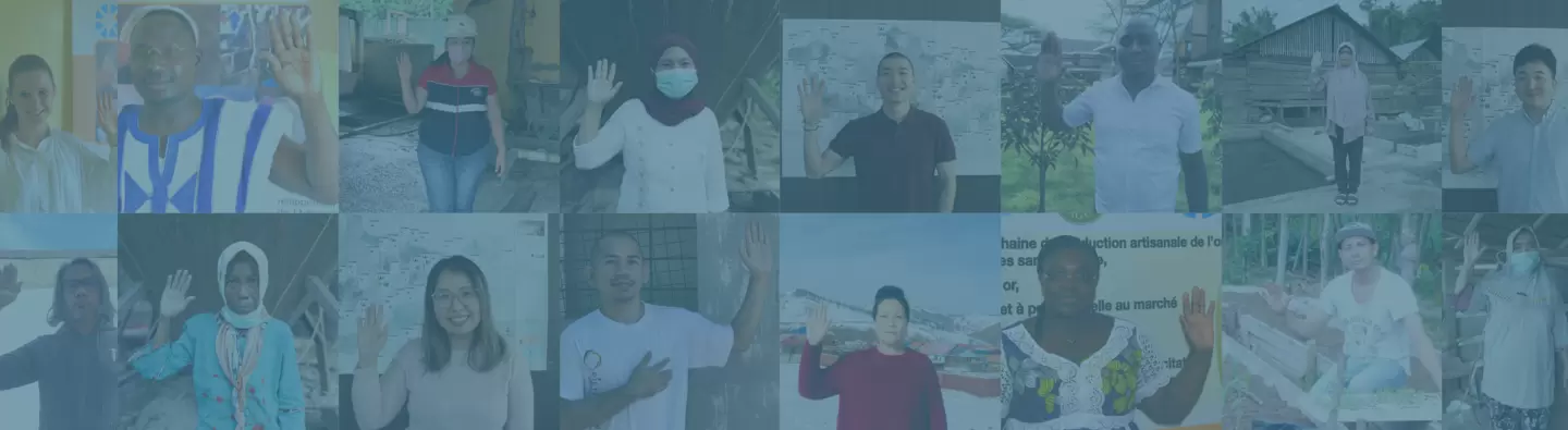 Photo grid of many people holding a hand in the air