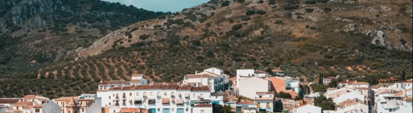 A village of pink roofs and white walls on the face of a hill
