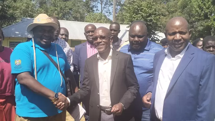 The Senator of Kakamega County, Dr. Bonnie Khalwale (middle) and Deputy Governor of Kakamega County Hon. Ayub Savula(right) handing over the demonstration site at Malinya, Ikolomani sub-county