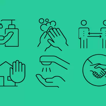 Icons of washing hands, sanitizing, staying home, keeping social distance