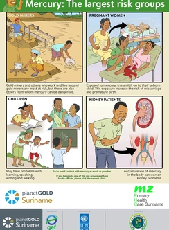 As part of the health campaign “Working Together Toward Healthier Gold Communities,” planetGOLD Suriname, in collaboration with Medische Zending Primary Health Care Suriname (MZPHCS), developed this story-based visual to raise awareness about the health risks associated with mercury exposure.